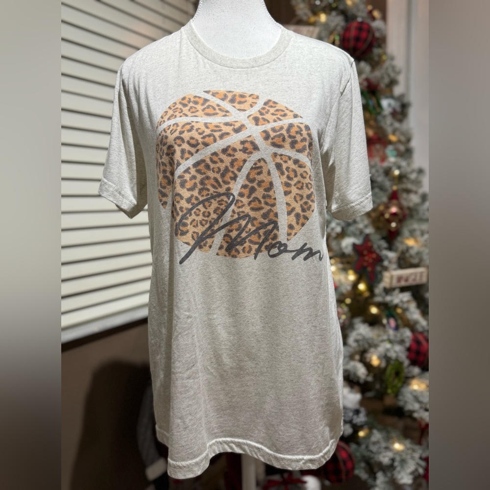 Cream Graphic Tee with a “Mom” Leopard Print Basketball